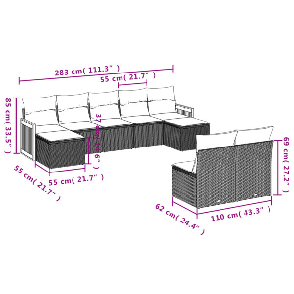 Set de muebles de jardín 9 pzas y cojines ratán sintético gris M 3