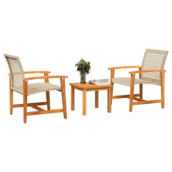 3 pcs conjunto de bistrô vime PE e madeira de acácia bege M 3