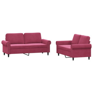 2 pcs conjunto de sofás com almofadões veludo vermelho tinto H