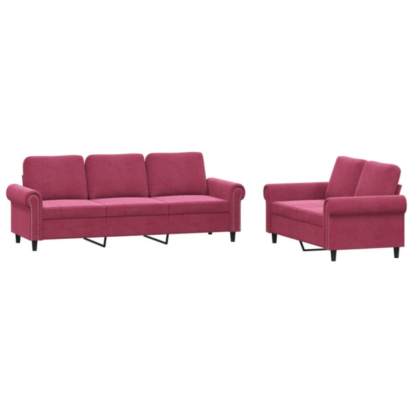 2 pcs conjunto de sofás com almofadões veludo vermelho tinto M 2