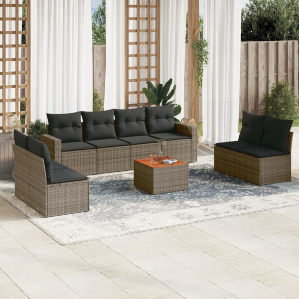 9 pcs conjunto sofás p/ jardim com almofadões vime PE cinzento D