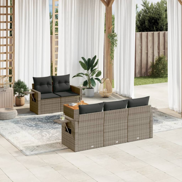 Set de muebles de jardín 6 pzas y cojines ratán sintético gris D