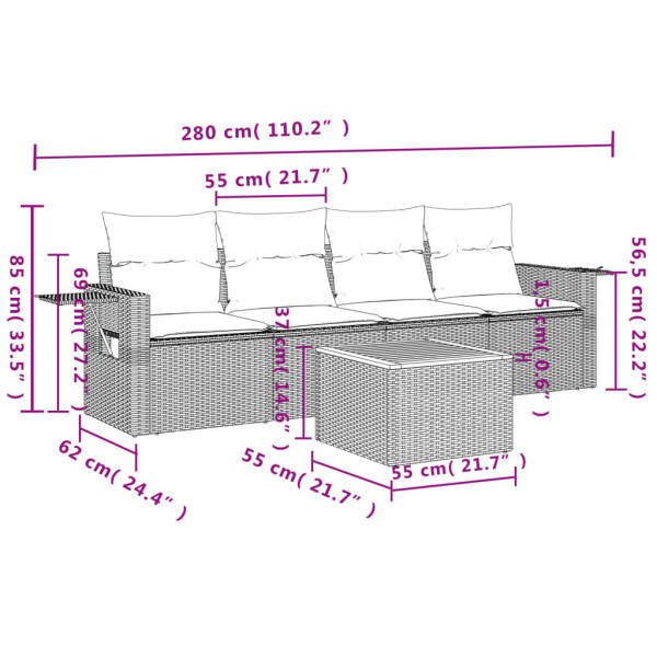 Set de muebles de jardín 5 pzas y cojines ratán sintético negro M 3