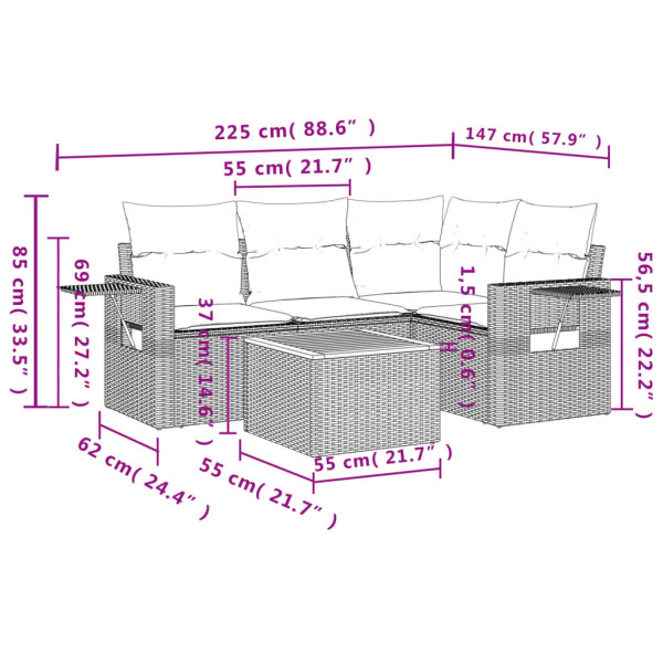 5 pcs conjunto sofás de jardim com almofadões vime PE preto M 3