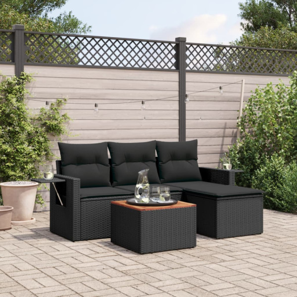 Set de muebles de jardín 5 pzas y cojines ratán sintético negro D