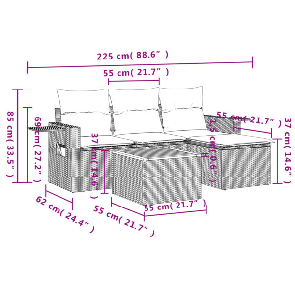 5 pcs conjunto sofás de jardim com almofadões vime PE preto M 3