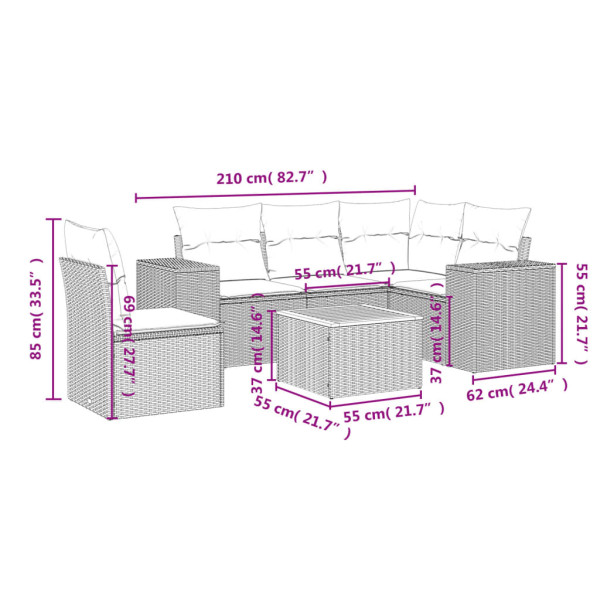 Set de muebles de jardín 6 pzas y cojines ratán sintético gris M 3