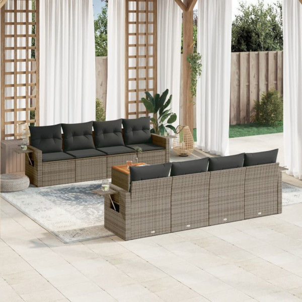 Set de muebles de jardín 9 pzas y cojines ratán sintético gris D