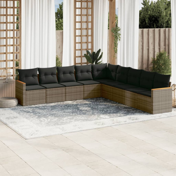 9 pcs conjunto sofás p/ jardim com almofadões vime PE cinzento D