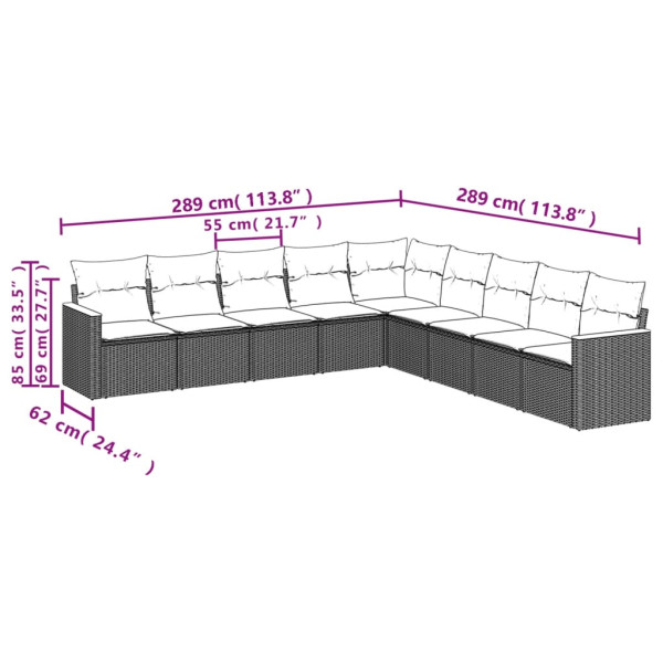 Set de muebles de jardín 9 pzas y cojines ratán sintético gris M 3