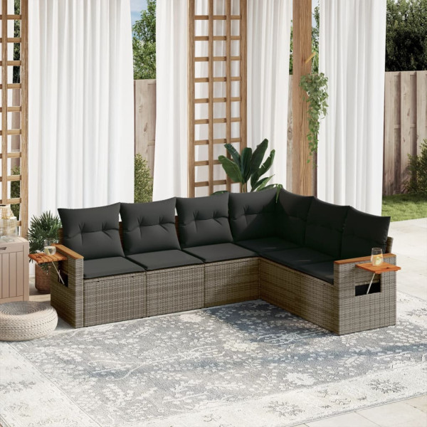 Set de muebles de jardín 6 pzas y cojines ratán sintético gris D