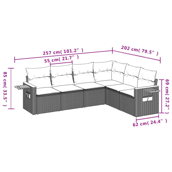 Set de muebles de jardín 6 pzas y cojines ratán sintético gris M 3