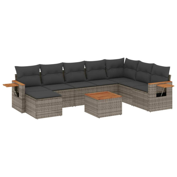 Set de muebles de jardín 9 pzas y cojines ratán sintético gris M 2