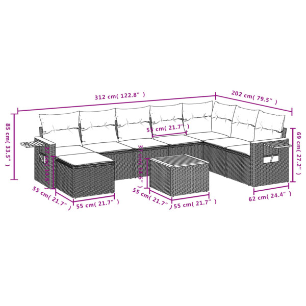 Set de muebles de jardín 9 pzas y cojines ratán sintético gris M 3