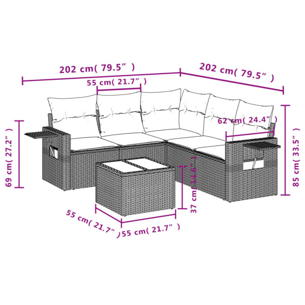 6 pcs conjunto sofás de jardim com almofadões vime cinzento M 3