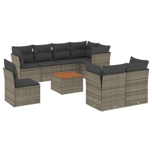 9 pcs conjunto sofás p/ jardim com almofadões vime PE cinzento H