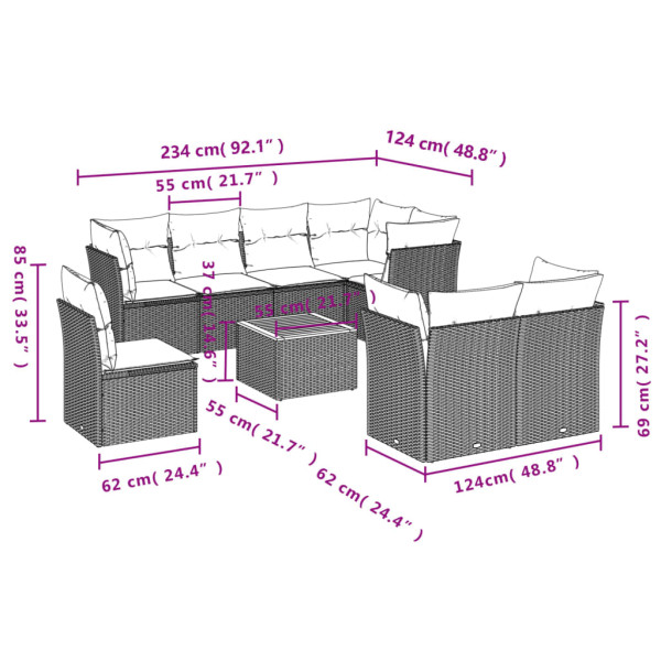 9 pcs conjunto sofás p/ jardim com almofadões vime PE cinzento M 3