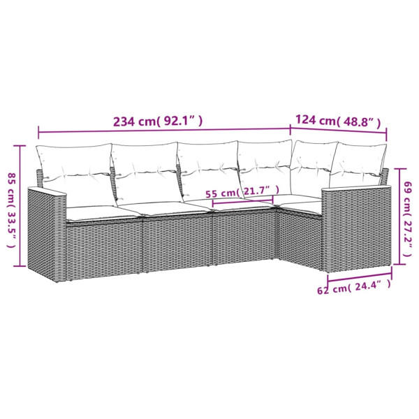 5 pcs conjunto sofás de jardim com almofadões vime PE preto M 3