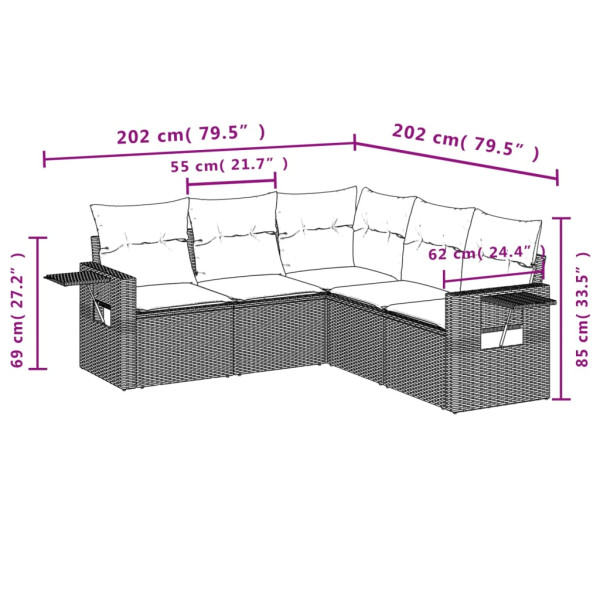 5 pcs conjunto sofás de jardim com almofadões vime PE preto M 3