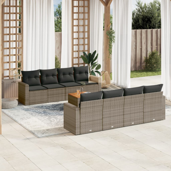 Set de muebles de jardín 9 pzas y cojines ratán sintético gris D