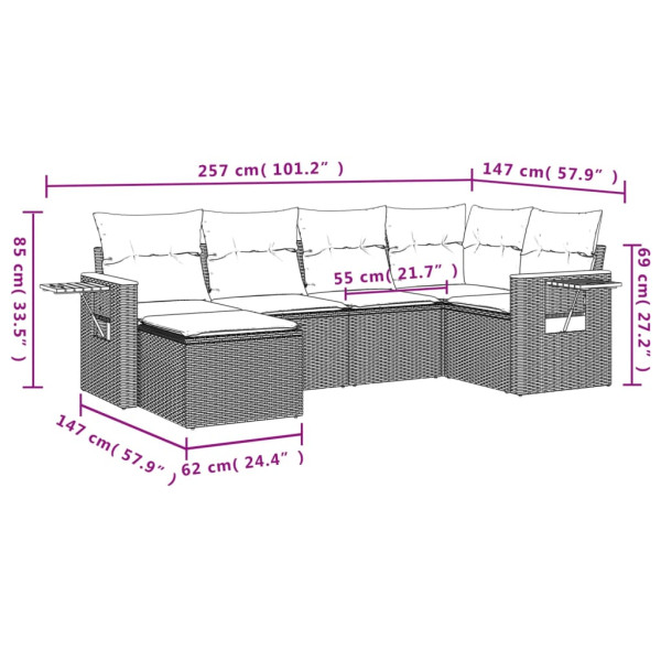 Set de muebles de jardín 6 pzas y cojines ratán sintético gris M 3