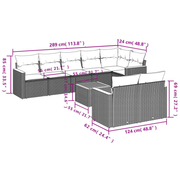 Set de muebles de jardín 9 pzas y cojines ratán sintético gris M 3