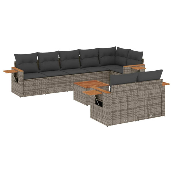 Set de muebles de jardín 9 pzas y cojines ratán sintético gris M 2