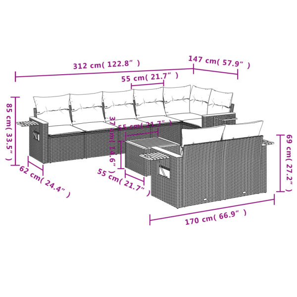 9 pcs conjunto sofás p/ jardim com almofadões vime PE cinzento M 3