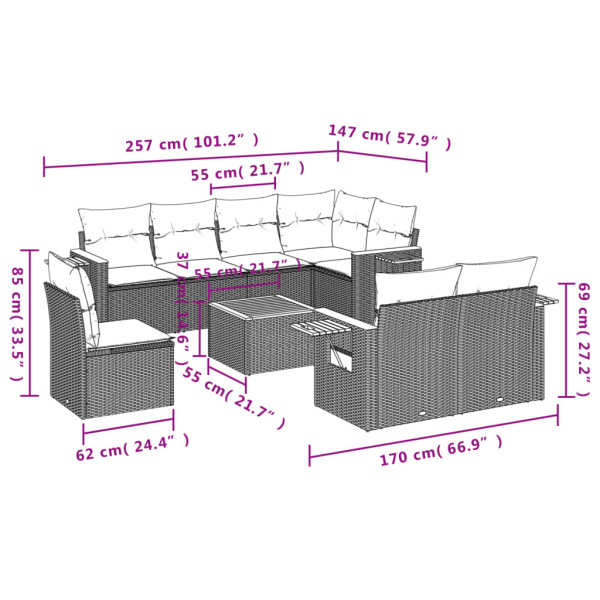 Set de muebles de jardín 9 pzas y cojines ratán sintético gris M 3