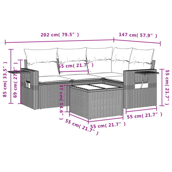 5 pcs conjunto sofás de jardim com almofadões vime PE preto M 3