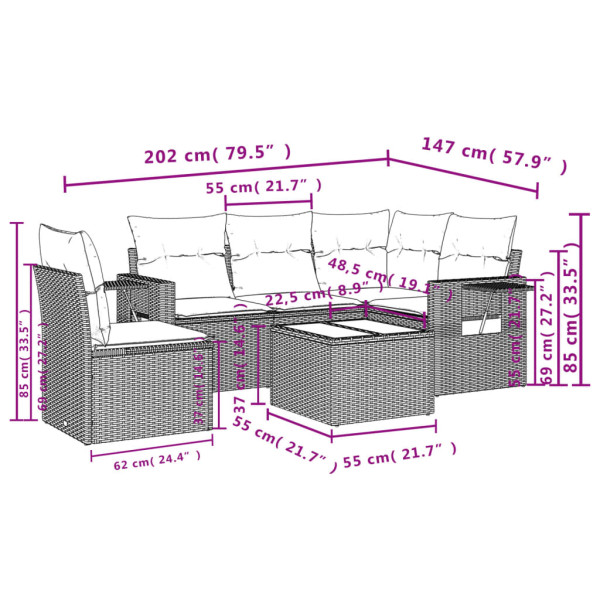 6 pcs conjunto sofás de jardim com almofadões vime cinzento M 3