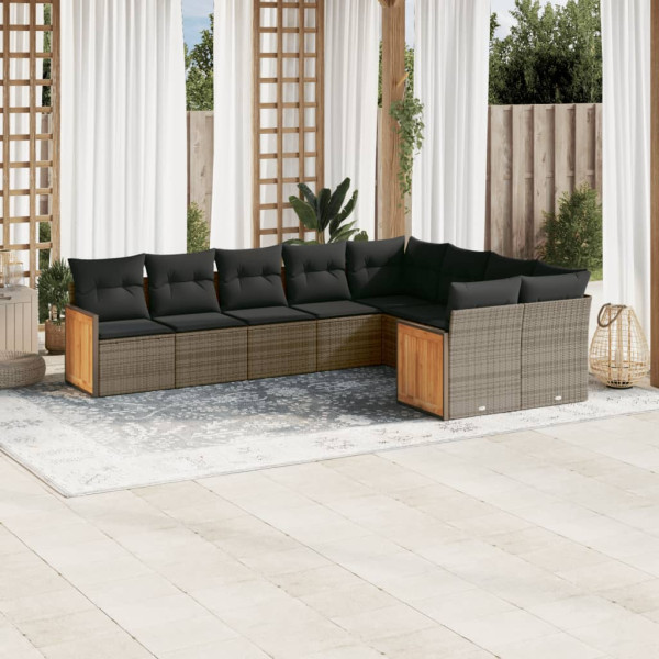 9 pcs conjunto sofás p/ jardim com almofadões vime PE cinzento D