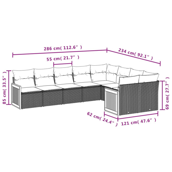 9 pcs conjunto sofás p/ jardim com almofadões vime PE cinzento M 3