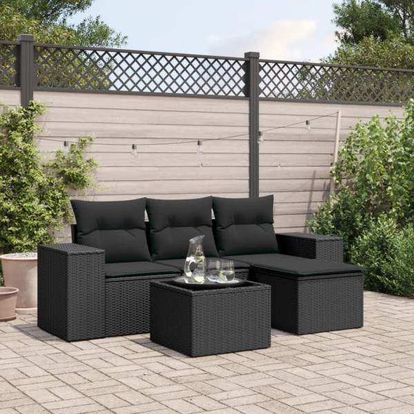 5 pcs conjunto sofás de jardim com almofadões vime PE preto D