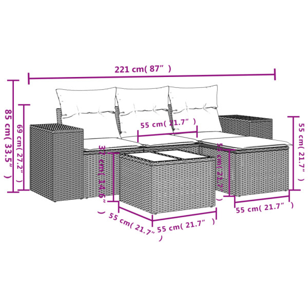 5 pcs conjunto sofás de jardim com almofadões vime PE preto M 3