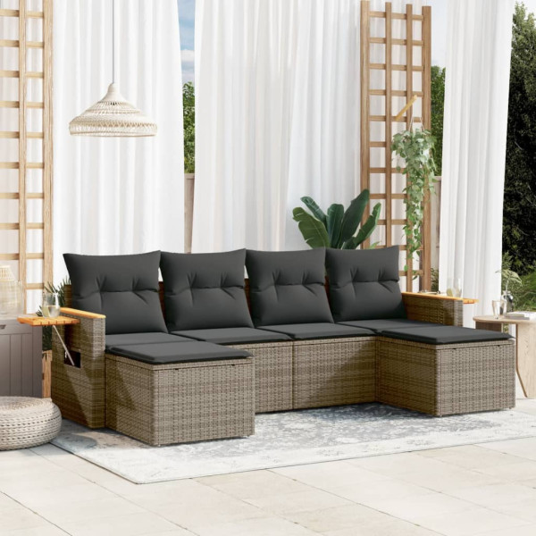 Set de muebles de jardín 6 pzas y cojines ratán sintético gris D