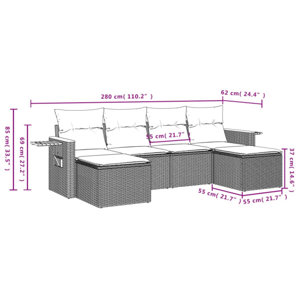 Set de muebles de jardín 6 pzas y cojines ratán sintético gris M 3