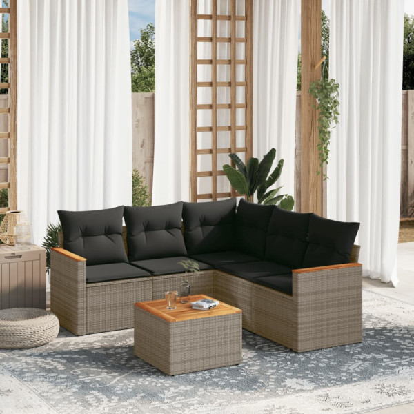 Set de muebles de jardín 6 pzas y cojines ratán sintético gris D