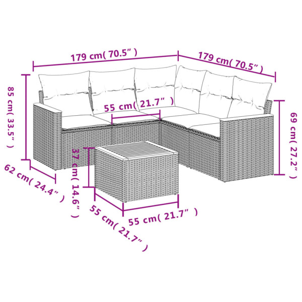 6 pcs conjunto sofás de jardim com almofadões vime cinzento M 3