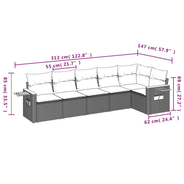 6 pcs conjunto sofás de jardim com almofadões vime cinzento M 3