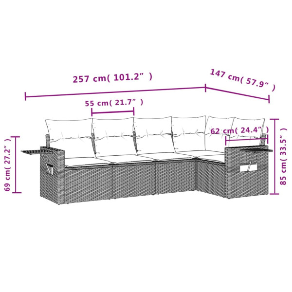 5 pcs conjunto sofás de jardim com almofadões vime PE preto M 3