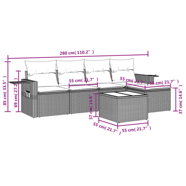 6 pcs conjunto sofás de jardim com almofadões vime cinzento M 3