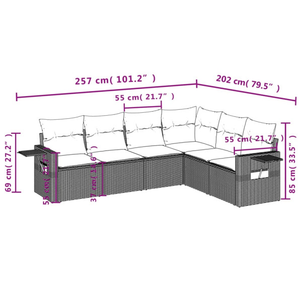 6 pcs conjunto sofás de jardim com almofadões vime cinzento M 3
