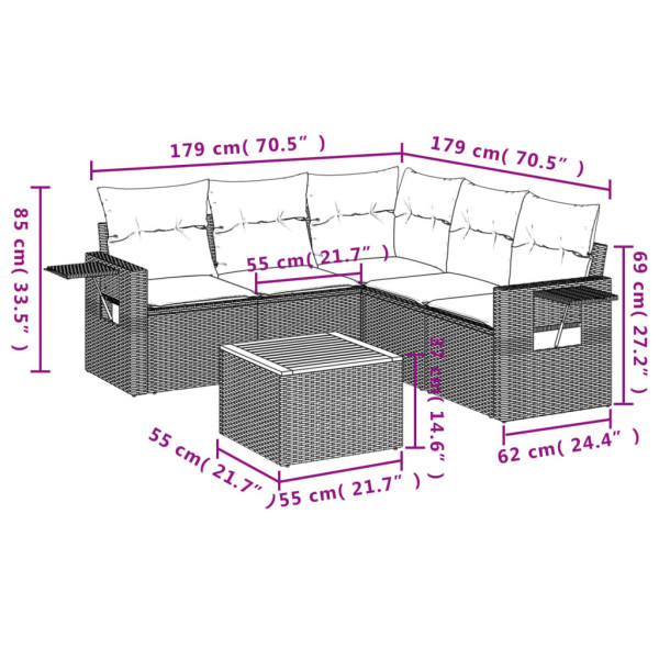 Set de muebles de jardín 6 pzas y cojines ratán sintético gris M 3