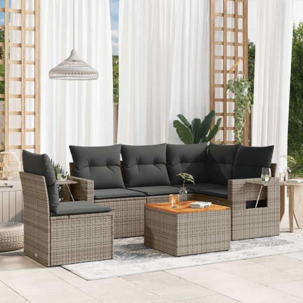 6 pcs conjunto sofás de jardim com almofadões vime cinzento D