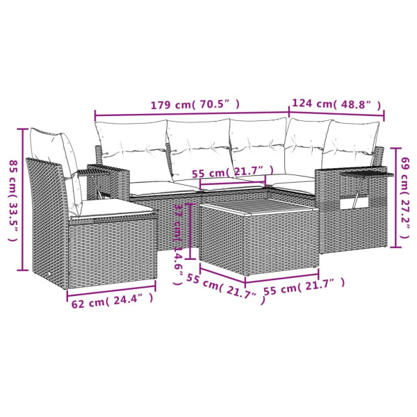 Set de muebles de jardín 6 pzas y cojines ratán sintético gris M 3