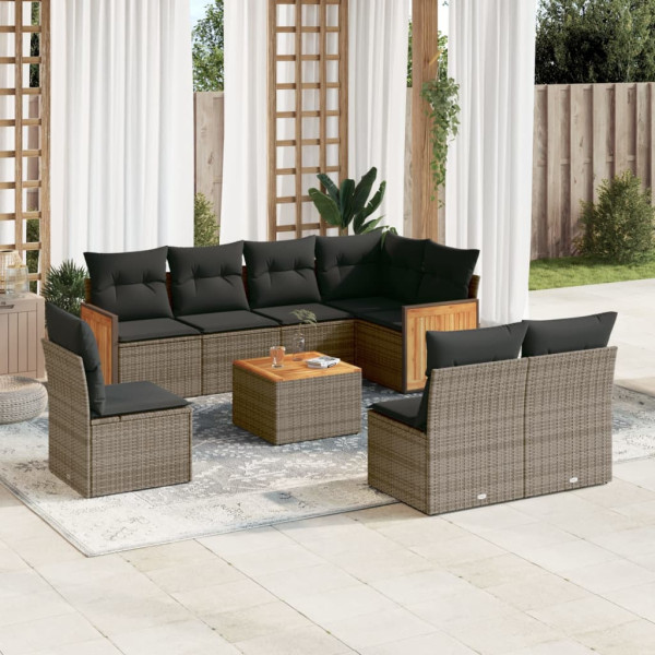 9 pcs conjunto sofás p/ jardim com almofadões vime PE cinzento D