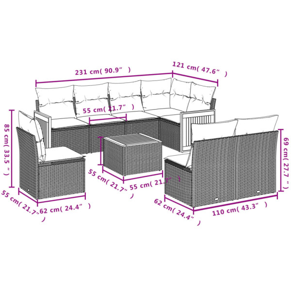9 pcs conjunto sofás p/ jardim com almofadões vime PE cinzento M 3