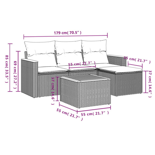 Set de muebles de jardín 5 pzas y cojines ratán sintético negro M 3