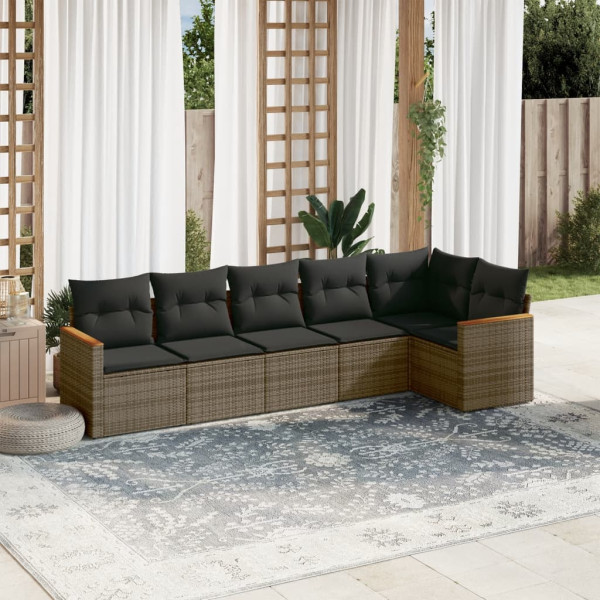 6 pcs conjunto sofás de jardim com almofadões vime cinzento D